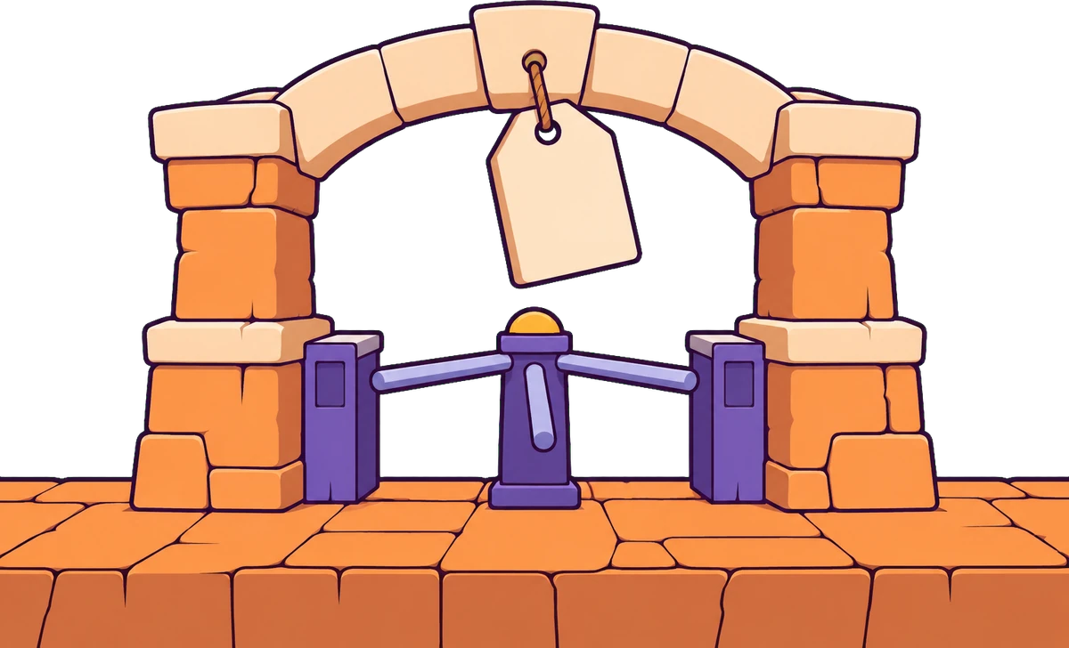 A stone arch with a blank price tag over a turnstile