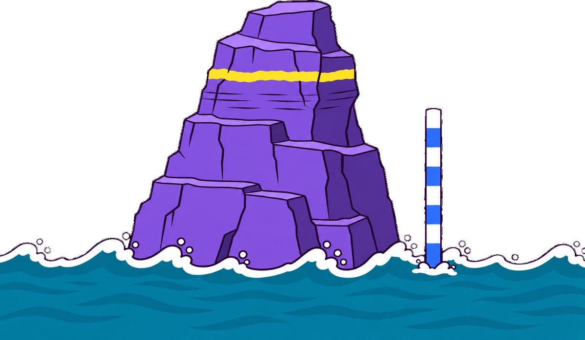 A rock in the sea with a yellow high-water stripe